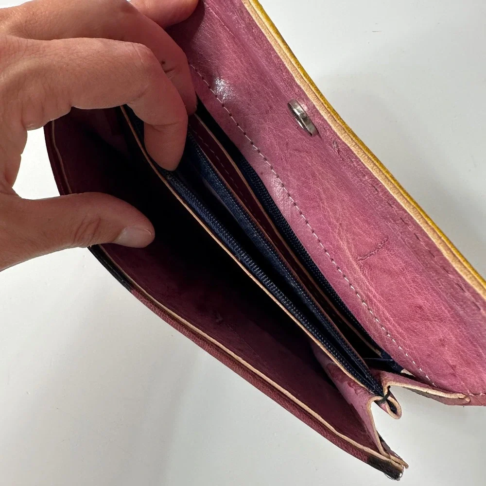 Vintage Leather Wallet Diagonal Stripe Clutch Burgundy Brown Boho Indie